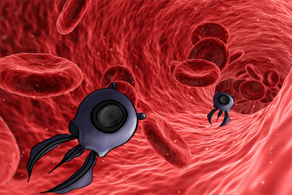 Nano bots moving up the blood stream concept